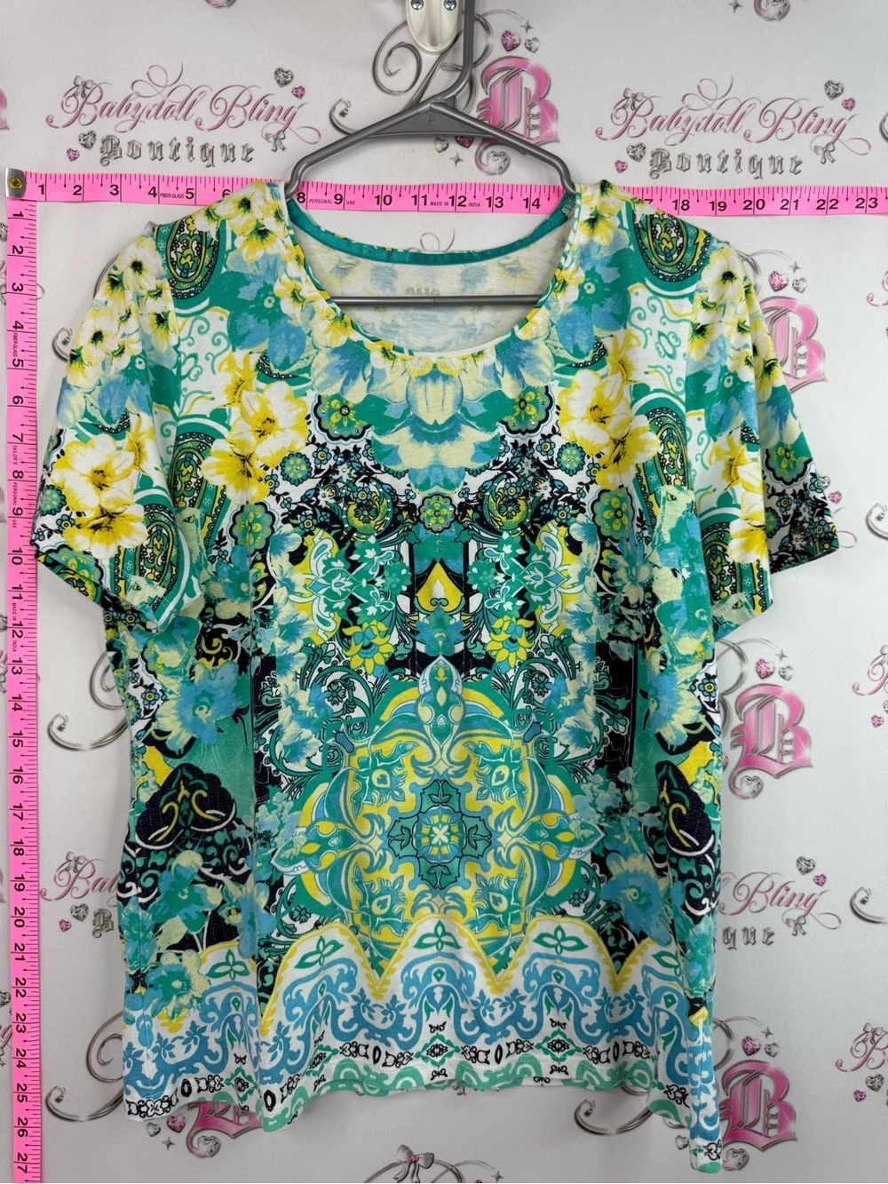 Alia Turquoise Yellow Floral Medallion Short-Sleeve Top